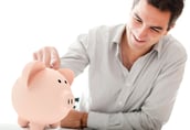 Man with a piggybank looking for his savings - isolated over a white background